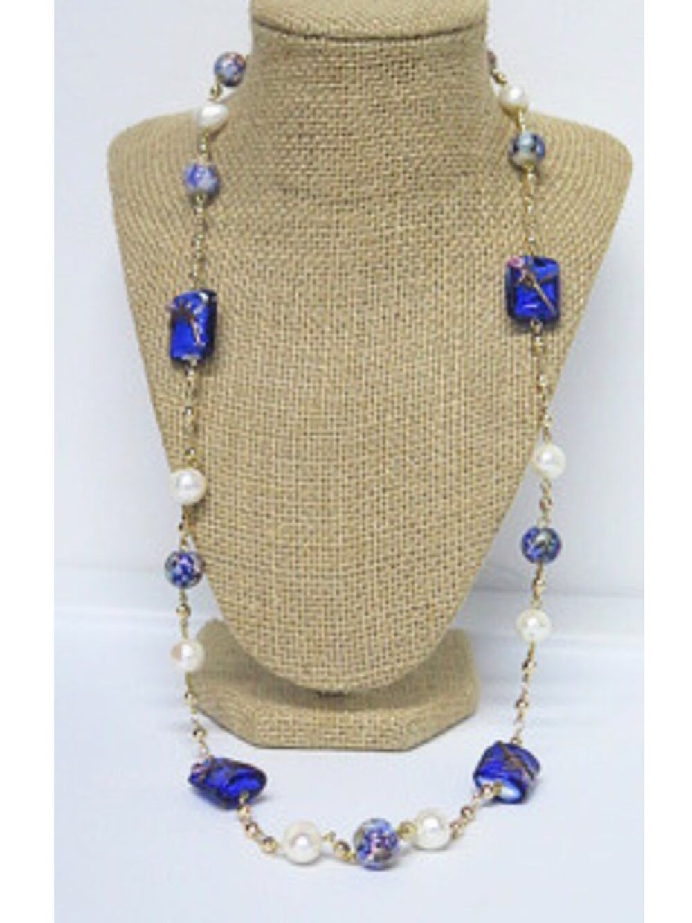 Vintage Estate Blue Art Glass & Faux Pearl Long Necklace